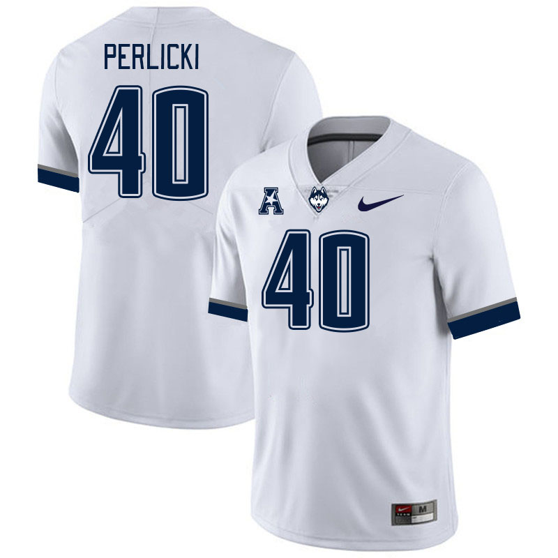 Men #40 Bruno Perlicki Connecticut Huskies College Football Jerseys Stitched Sale-White - Click Image to Close